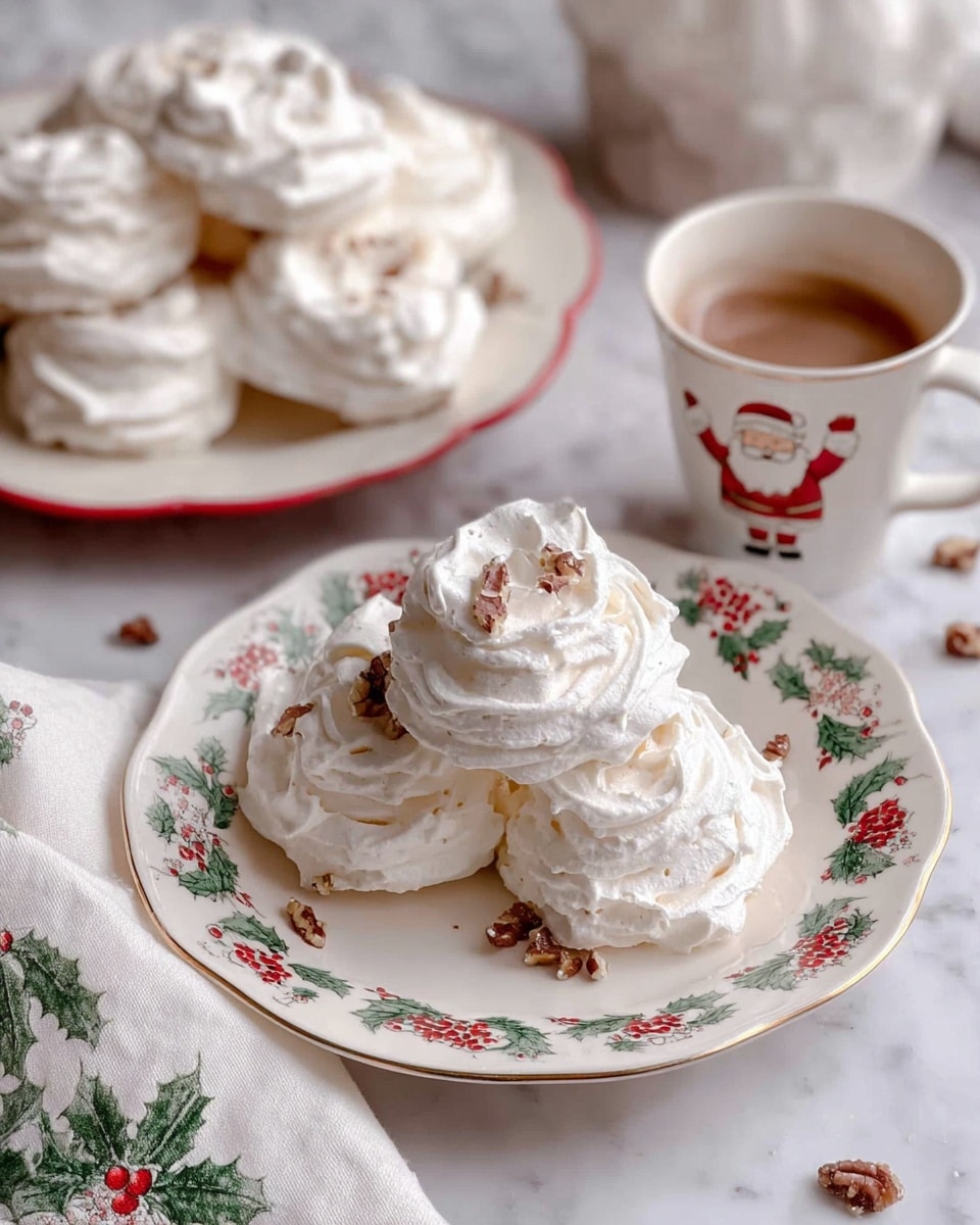 The image shows two white plates with red and green decorative patterns around the rim, each holding several large, rough-textured white meringue cookies. The meringues have a fluffy, cloud-like appearance with irregular shapes. On the front plate, a few brown pecan halves are placed under the meringues, adding contrast. The setting is on a white marbled surface, with a white cloth featuring a green fern and red berry design partially visible beneath the plates. To the right, there is a white cup with red and green holiday patterns filled with a frothy cream-colored drink topped with light brown specks. A few loose pecans and meringue pieces are scattered around the plates. photo taken with an iphone --ar 4:5 --v 7