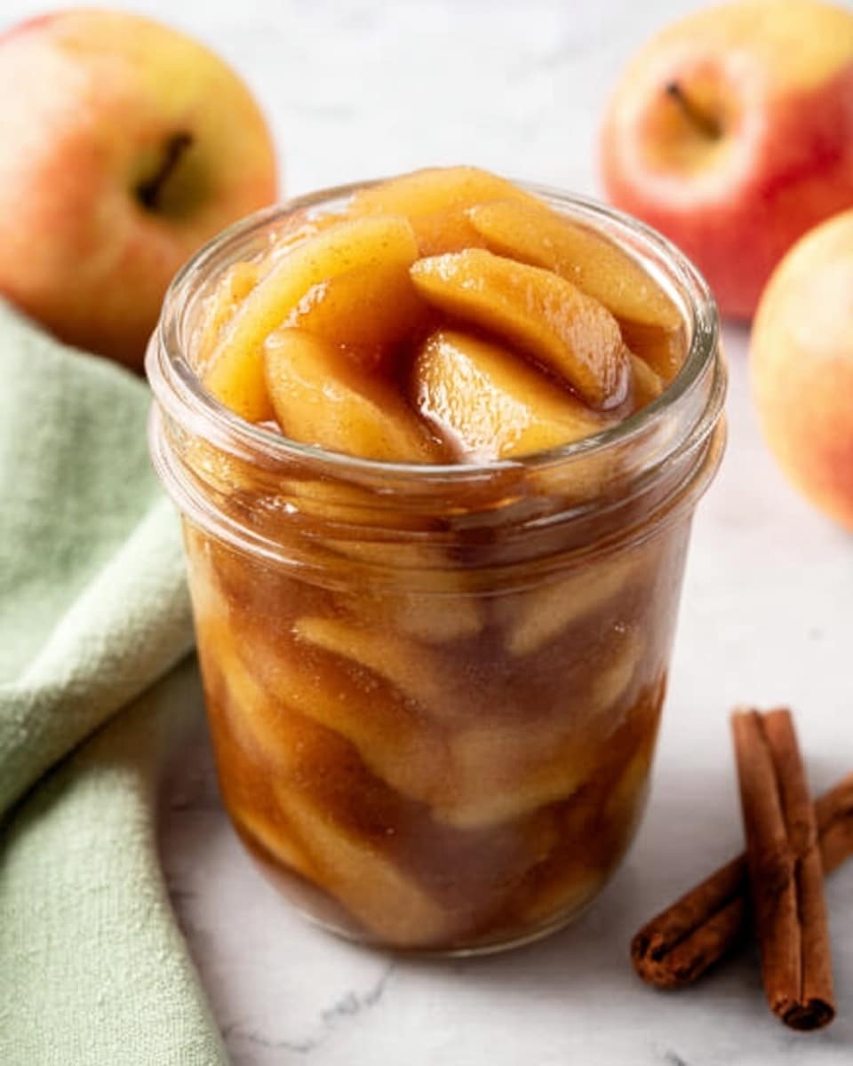 A clear glass jar filled with soft cooked apple slices soaked in a thick brown sauce, each apple piece golden and shiny, layered densely from bottom to top. The jar is on a white marbled surface next to two cinnamon sticks and two whole apples, with a light green cloth nearby. The apple slices have a smooth, tender look and a warm caramel color, showing a mix of rounded and slightly angled shapes inside the jar. photo taken with an iphone --ar 4:5 --v 7