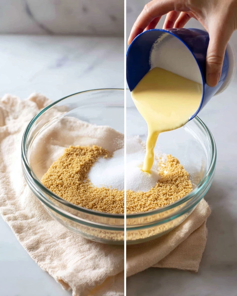 A clear glass bowl holds a layer of light brown crushed graham crackers with a fine texture always visible as the base; a woman's hand pours white granulated sugar from a small blue cup into the bowl, the sugar appearing powdery and bright white. In the next image, the same bowl shows a smooth creamy yellow liquid, likely melted butter, being poured from a small clear bowl by a woman's hand onto the graham cracker crumb layer, starting to mix with the crumbs below. The bowl is placed on a slightly wrinkled beige cloth on a white marbled surface, with soft natural light highlighting the texture of the crumbs and the shine of the liquid butter. Photo taken with an iphone --ar 4:5 --v 7