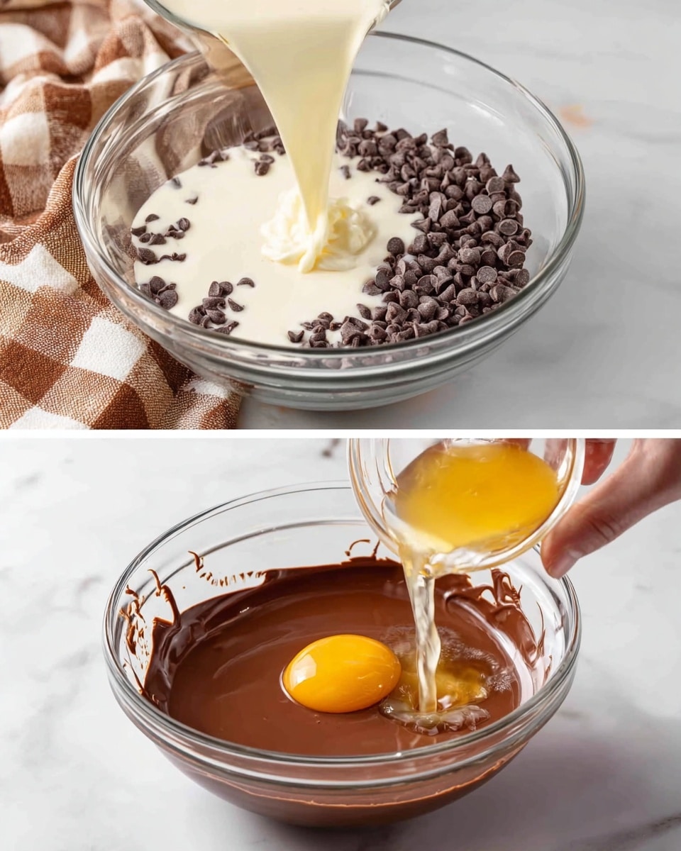 The image is split into two parts. On the left side, a glass bowl sits on a white marbled surface with chocolate chips inside. A liquid with a creamy white color is being poured from a bowl into the glass bowl, creating a smooth texture on top of the chocolate chips. A brown and beige checkered cloth is partly under the bowl. On the right side, a glass bowl containing smooth dark brown chocolate cream has a raw yellow egg yolk with translucent egg white being poured into it from a small glass cup held by a woman's hand. The white marbled surface is in the background. photo taken with an iphone --ar 4:5 --v 7