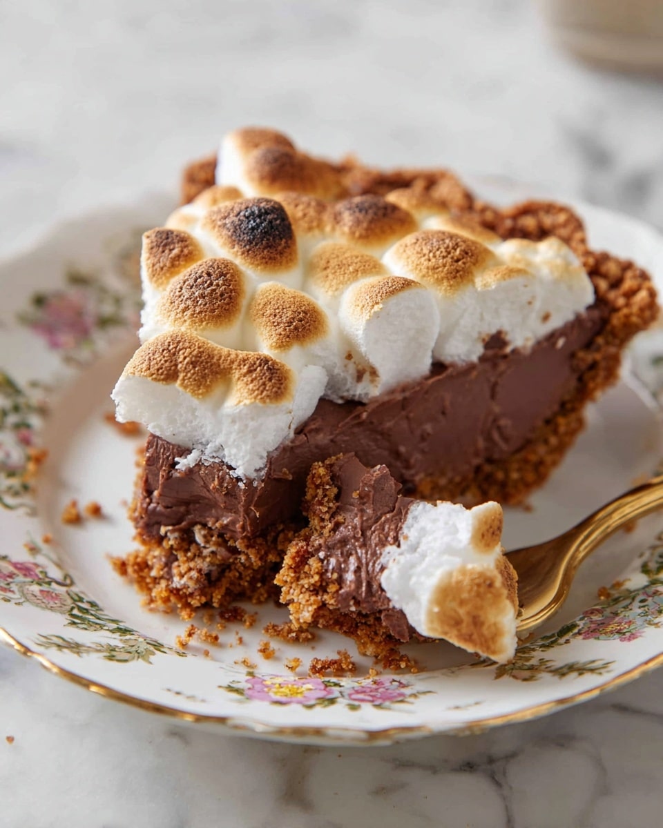 A slice of pie placed on a white decorative plate with brown and gold patterns and small colorful butterflies, showing three layers: a crumbly brown crust at the bottom and sides, a thick dark chocolate filling in the middle, and a top layer of toasted small white marshmallows with golden brown spots. Behind the slice, there is the rest of the pie in a clear glass pie dish with the same layers, sitting on a white marbled surface. To the right of the slice is a clear glass cup filled with milk, and to the left is a gold fork resting on an olive green cloth. photo taken with an iphone --ar 4:5 --v 7