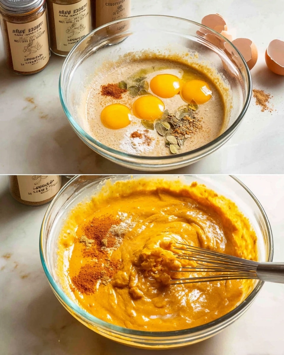 A clear glass bowl sits on a white marbled surface, filled with a mixture of light beige batter, three whole eggs with bright yellow yolks, and a dollop of thick orange pumpkin puree on the right side, with spices scattered on top and eggshells visible in the background. In the next frame, the same bowl shows the mixture fully blended into a smooth orange batter with a slightly glossy texture, and a metal whisk stirring it from the right side. Behind the bowl, there are several spice jars with beige and brown labels. photo taken with an iphone --ar 4:5 --v 7