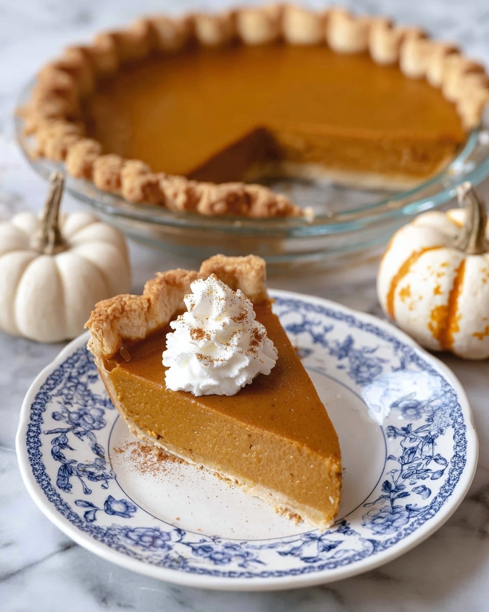 A smooth pumpkin pie sits in a clear glass dish with a thick, golden-brown crust that has a wavy edge around the top. The pumpkin filling is orange and shiny, filling the pie evenly in one flat layer. Around the pie, there are small orange pumpkins and colorful autumn leaves scattered on a white marbled surface covered partially by a soft beige cloth. To the left, a white plate holds a creamy pile of whipped cream with a fluffy texture. The overall scene looks warm and cozy with the autumn decorations. photo taken with an iphone --ar 4:5 --v 7