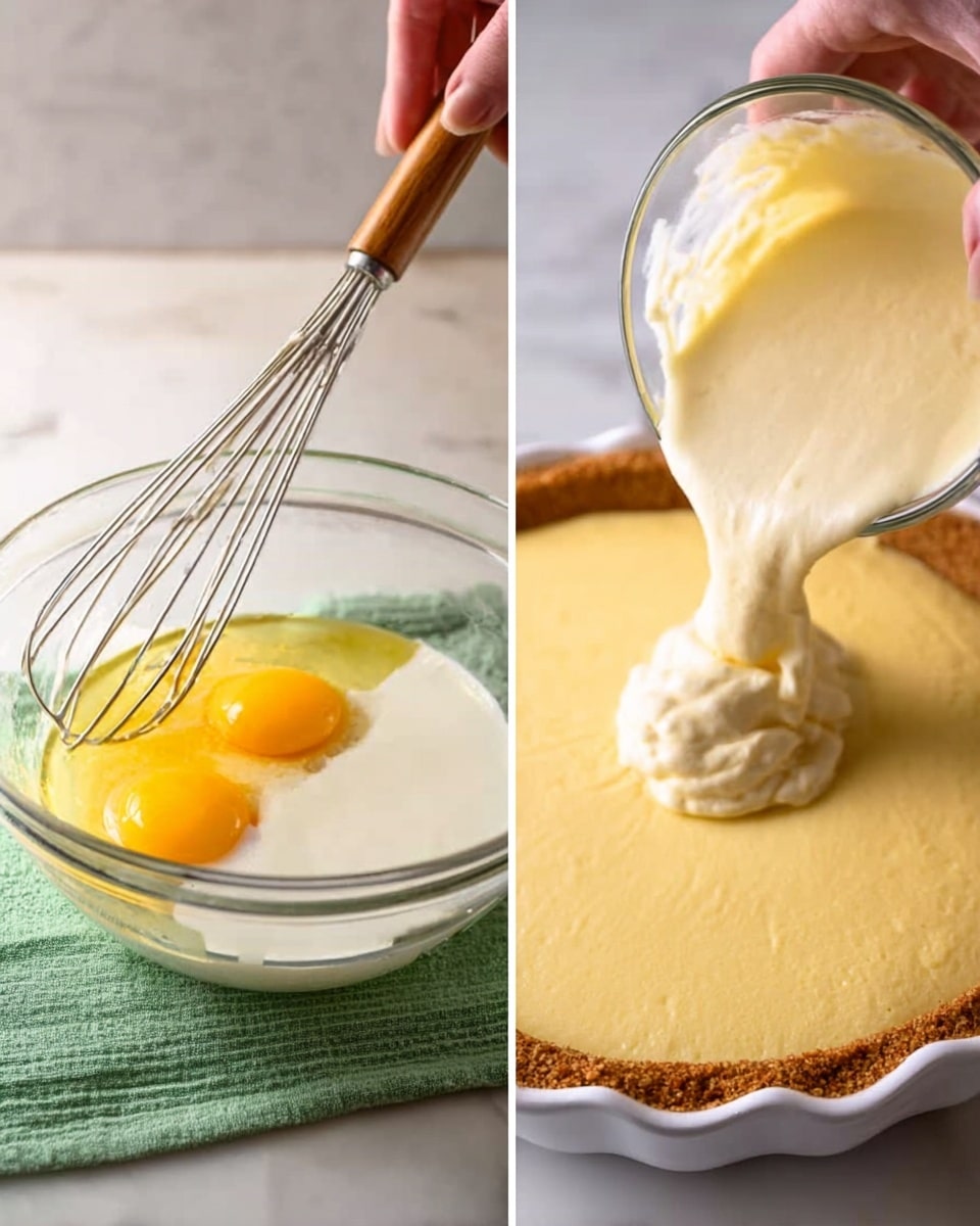 The image shows two panels side by side, both set on a white marbled surface with a green cloth underneath. On the left, a woman's hand is holding a whisk with a wooden handle, stirring two whole yellow eggs and a white liquid inside a clear glass mixing bowl. On the right, a thick cream mixture is being poured from a clear glass container into a white pie dish filled with a brown crumb crust. The cream is pale yellow and smooth, filling the crust evenly. Photo taken with an iphone --ar 4:5 --v 7
