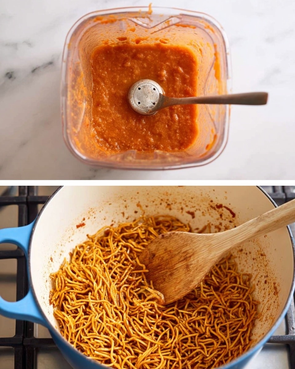 The first image shows a close-up of a blender container with a reddish-orange, chunky sauce inside, resting on a white marbled surface. The sauce has a slightly thick texture with small bits visible throughout. The second image features a white pot with a blue rim on a stovetop, filled with golden brown crispy thin noodles. A wooden spoon is stirring them gently inside the pot, which has some toasted bits clinging to the sides. The background is the same white marbled surface. Photo taken with an iphone --ar 4:5 --v 7