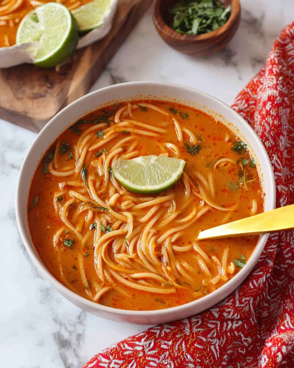 The image shows two white bowls filled with thin noodles in a smooth, orange-red soup. The noodles layer thickly and twist around each other, floating in the liquid with small green herb pieces scattered on top. One bowl is placed near the front on a white marbled surface with a red patterned cloth underneath, and a gold spoon rests beside it. Behind it, there is another bowl with a similar noodle soup. To the right, a clear glass with a light yellow drink is visible, and at the back, a wooden board holds lime wedges and some herbs. The whole scene sits on a bright white marbled surface. photo taken with an iphone --ar 4:5 --v 7