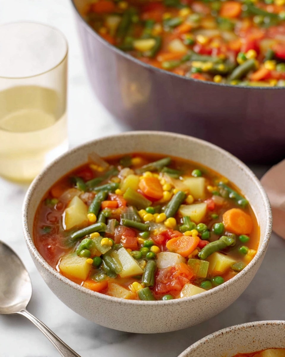 A close-up view of a bowl filled with colorful vegetable soup showing one layer of chunky vegetables including green beans, peas, corn, carrots, potatoes, and diced tomatoes in a clear broth. The bowl is light-colored with speckled texture, placed on a white marbled surface next to a silver spoon and a glass with a light yellow drink. Behind the bowl, part of a large purple pot filled with more soup is visible. The soup's vibrant mix of orange, green, yellow, and red vegetables contrasts with the neutral bowl and white marbled background. The photo taken with an iphone --ar 4:5 --v 7