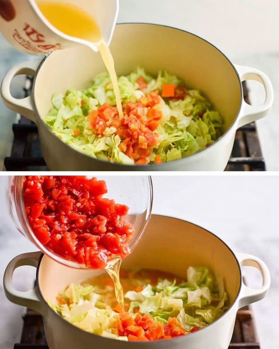 A white pot is shown on a stove with a white marbled background. Inside the pot are chopped vegetables including light green cabbage pieces and small orange carrot cubes. In the first part, a light yellow broth is being poured into the pot from above with a woman's hand out of frame holding the container. In the second part, a clear bowl is tipping red diced tomatoes into the same pot over the vegetables and broth. The colors show the fresh mix of green, orange, yellow, and red ingredients inside the white pot. photo taken with an iphone --ar 4:5 --v 7
