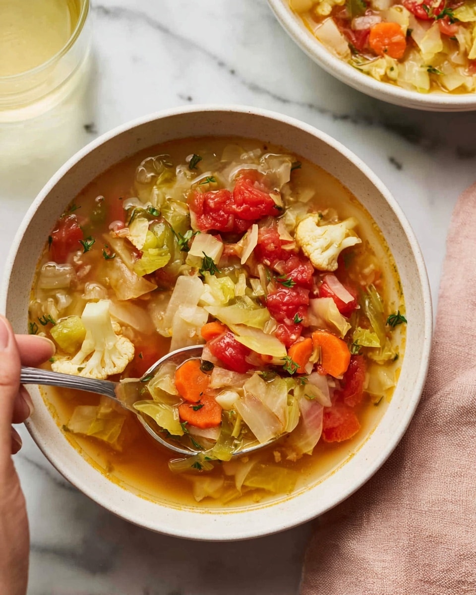 A bowl filled with vegetable soup showing different layers: chunks of orange carrots, white and light green cabbage pieces, red tomato bits, and green herbs floating on light brown broth. The bowl itself is light grey with speckled patterns. In the background, a large blue pot with soup inside is partly shown, with a woman's hand using a wooden spoon stirring the soup. On the right side, there is a glass filled with a light yellow drink. Everything is placed on a white marbled surface with a pink cloth underneath the bowl. Photo taken with an iphone --ar 4:5 --v 7
