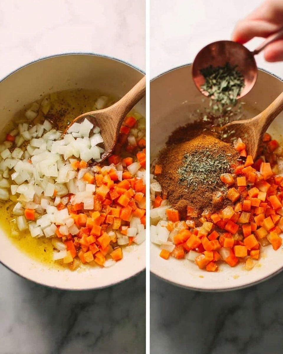 The image shows two steps of cooking in a white bowl placed on a white marbled surface. In the first step, a wooden spoon stirs a mix of diced white onions and bright orange carrots, with the vegetables sitting on a thin layer of yellow oil at the bottom of the bowl. In the second step, the same mixture is visible with a pile of brown powdery spice in the middle, and a woman's hand holding a copper spoon sprinkling green leafy herbs over the vegetables. The colors are warm and the scene is softly lit, highlighting the texture of the diced vegetables and the spices being added photo taken with an iphone --ar 4:5 --v 7