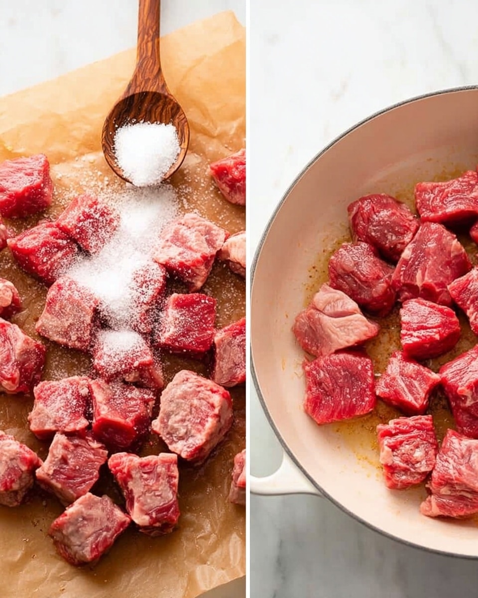The image has two parts side by side. On the left side, there are many raw red meat cubes placed on a brown paper on a white marbled surface, and a wooden spoon is sprinkling white salt over the meat. On the right side, the same red meat cubes are now spaced out and placed inside a white pan, with some light brown color showing at the bottom, all against the white marbled surface. The texture of the meat is fresh and slightly fatty. photo taken with an iphone --ar 4:5 --v 7