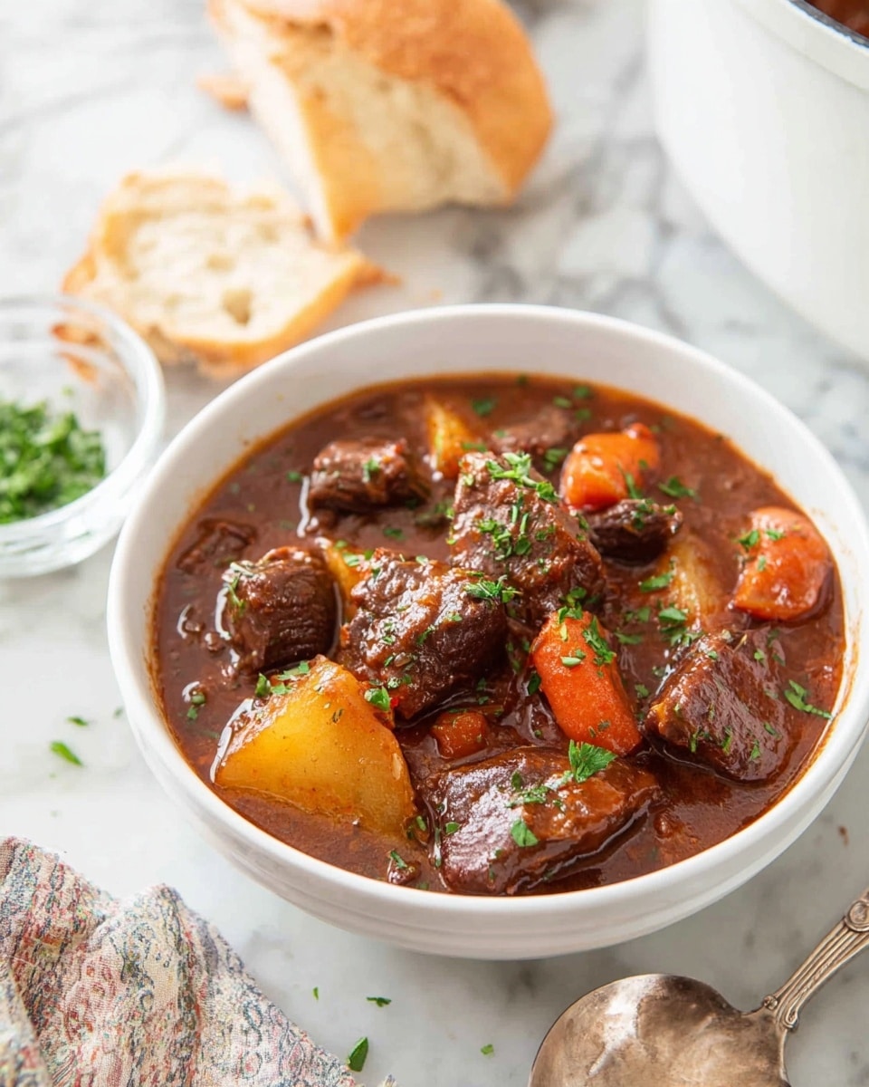 A white bowl filled with rich brown stew containing large chunks of dark brown meat, orange carrot pieces, and pale beige potato wedges, all covered in thick sauce and sprinkled with chopped green herbs on top. The bowl is placed on a white marbled surface next to torn pieces of light brown bread and a white pot partially visible in the upper right corner. A silver spoon lies beside the bowl on a patterned cloth. photo taken with an iphone --ar 4:5 --v 7