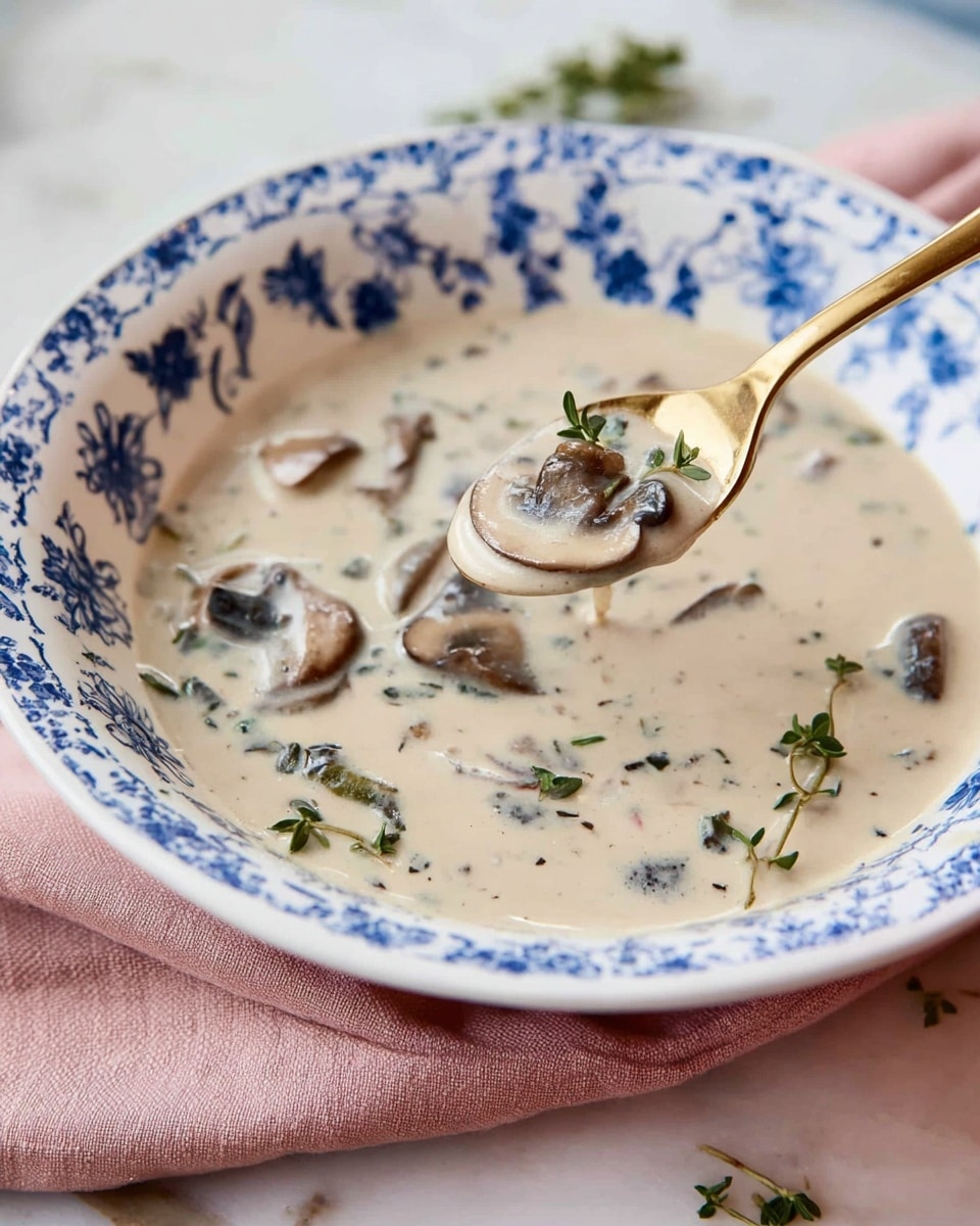 A white bowl with blue floral designs around the edge holds creamy mushroom soup. The soup is thick and light beige, with visible slices of dark brown mushrooms floating in it. Small green herb leaves are scattered on the surface. A gold spoon lifts some soup showing creamy texture with mushroom pieces. The bowl sits on a soft pink cloth on a white marbled surface. Photo taken with an iphone --ar 4:5 --v 7