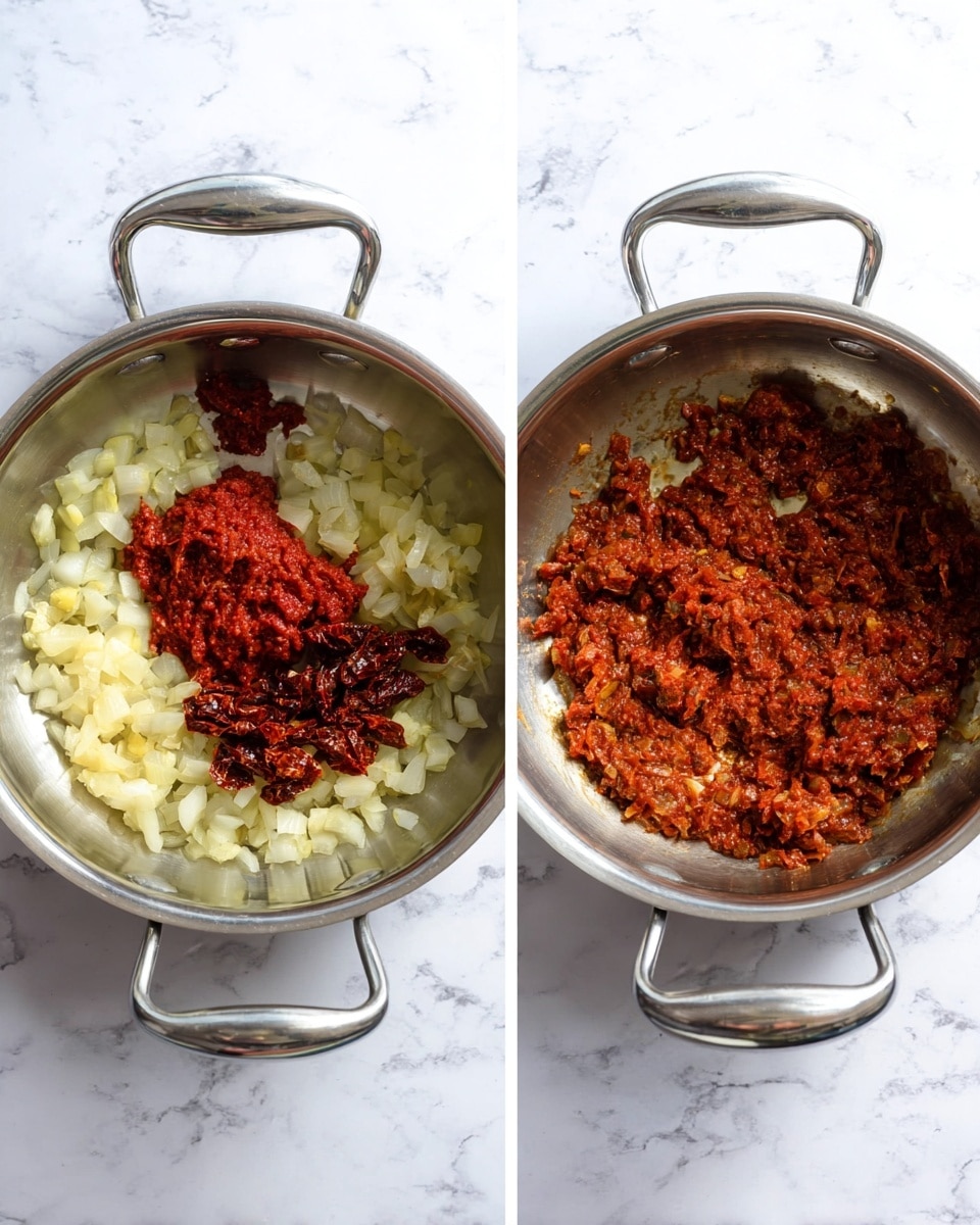 A close-up view of a ladle filled with creamy soup being held over a pot of the same soup. The soup has a light orange color with visible layers of shredded white chicken, pieces of green spinach, small chopped red tomatoes, and shell pasta. The soup looks thick with specks of herbs and spices evenly spread throughout. The pot holding the soup is silver and sits on a white marbled surface. Photo taken with an iphone --ar 4:5 --v 7