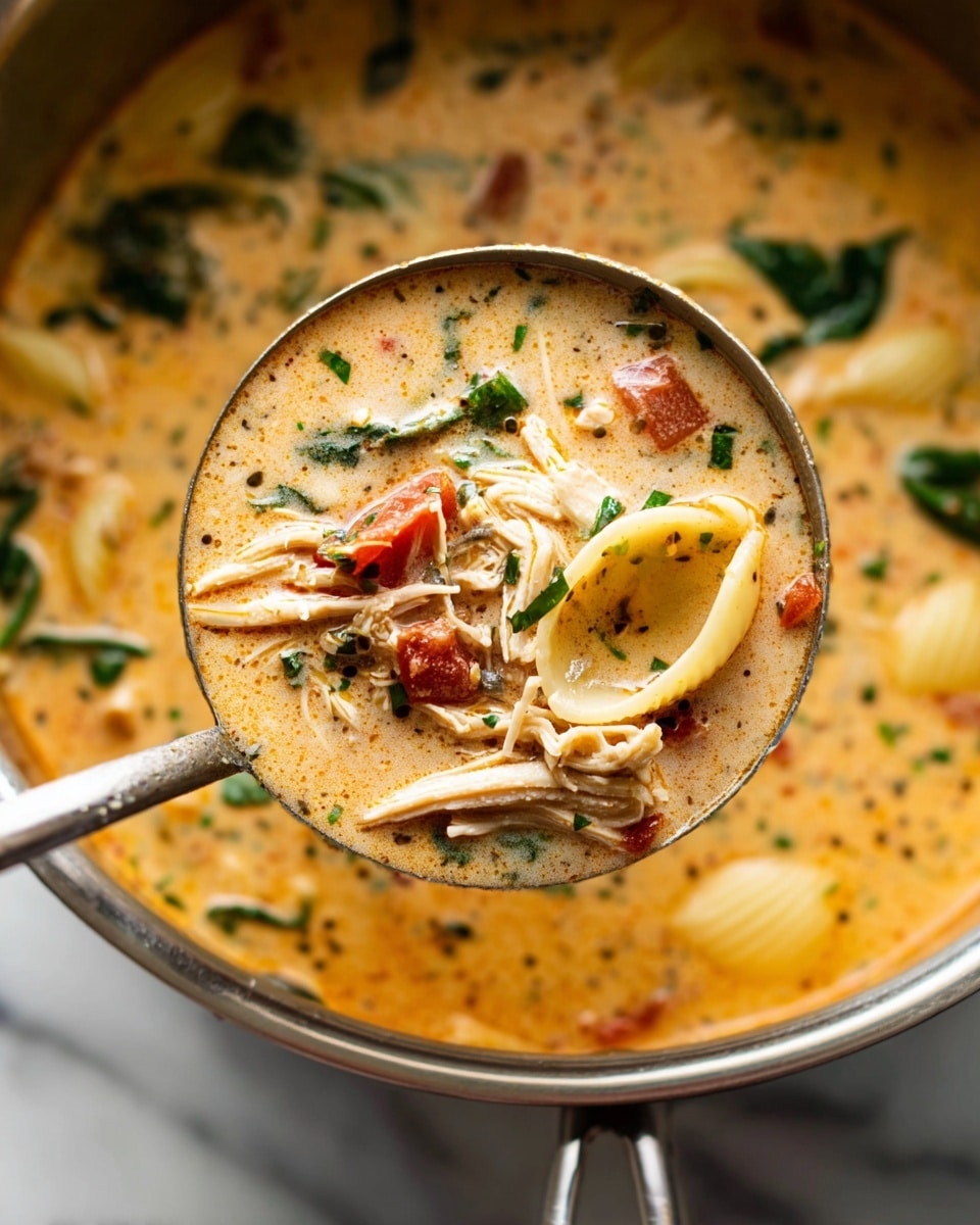 A white bowl filled with creamy orange soup, showing about three layers of ingredients. The base layer is smooth and rich, light orange with spices visible. Large pasta shells float on top, yellow with ridges. Shreds of pale chicken and small pieces of red bell pepper are mixed in. Fresh, chopped dark green herbs are scattered across the surface, along with a sprinkle of fine white cheese, and a small green mint leaf sits in the center. The bowl is placed on a white marbled surface with some green mint leaves around it, photo taken with an iphone --ar 4:5 --v 7