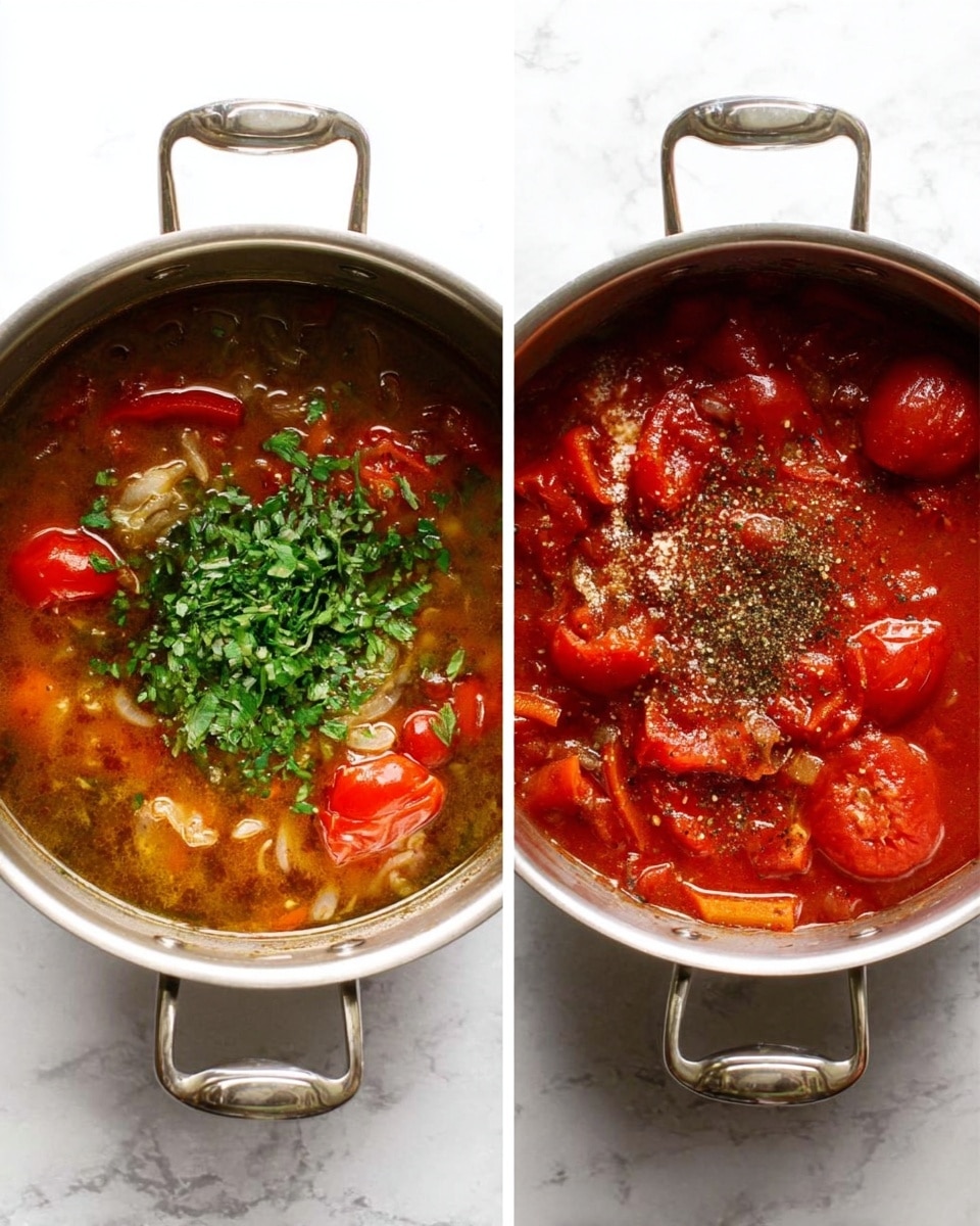 A shiny steel pot filled with thick bright orange soup, smooth in texture and topped with small pieces of fresh dark green herbs scattered evenly across the surface, with a few larger mint leaves in the center. A silver ladle dips into the soup on the right side of the pot, scooping up a portion showing the soup's creamy texture. The pot rests on a white marbled surface with some scattered herb pieces around. photo taken with an iphone --ar 4:5 --v 7