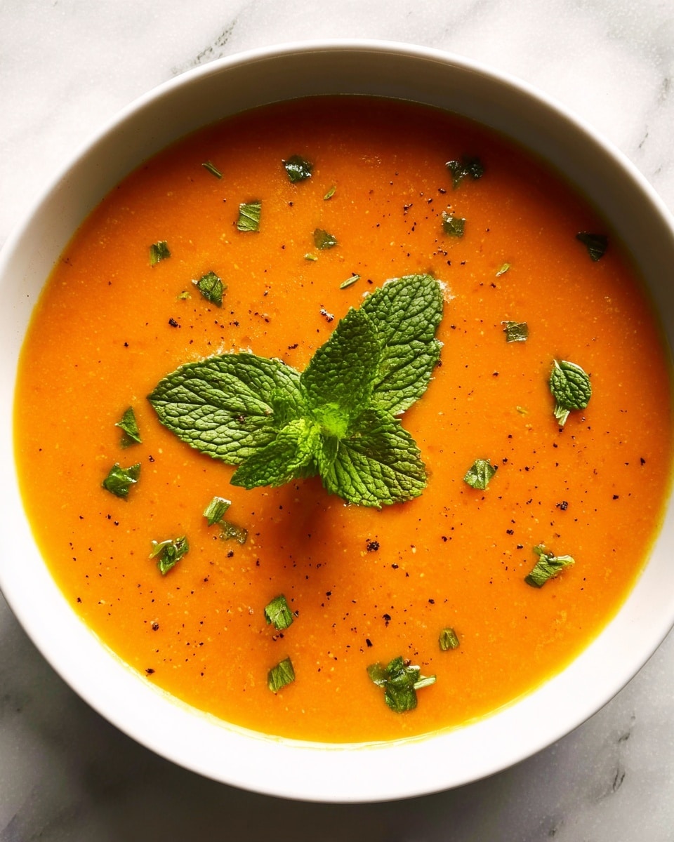 A white bowl filled with smooth orange soup, evenly spread to the bowl's edges, sits on a white marbled surface. On top of the soup are small chopped green mint leaves scattered across, with three larger fresh mint leaves placed in the center as a garnish. The texture of the soup looks creamy and thick with tiny specks of black pepper visible on the surface. Photo taken with an iphone --ar 4:5 --v 7