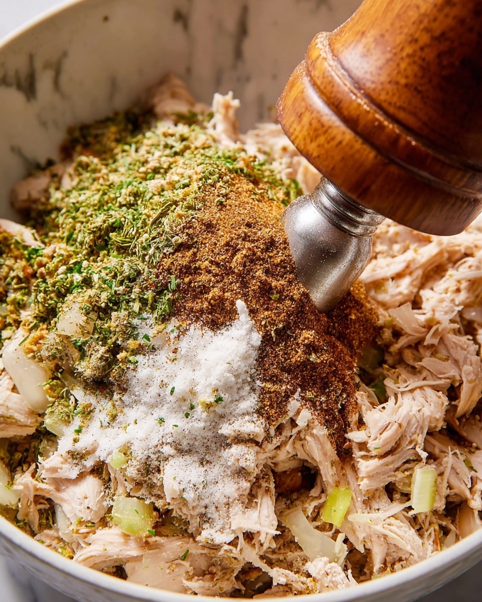 A close-up view inside a white bowl shows shredded light pink chicken mixed with finely chopped green herbs and small pale vegetable pieces at the bottom and sides. On top, there is a heap of layered dry powdered spices in shades of brown, white, and green, adding texture. A wooden pepper grinder with a metallic top partially covers the right side, lightly tapping the spices. The background surface is a white marbled texture. Photo taken with an iphone --ar 4:5 --v 7