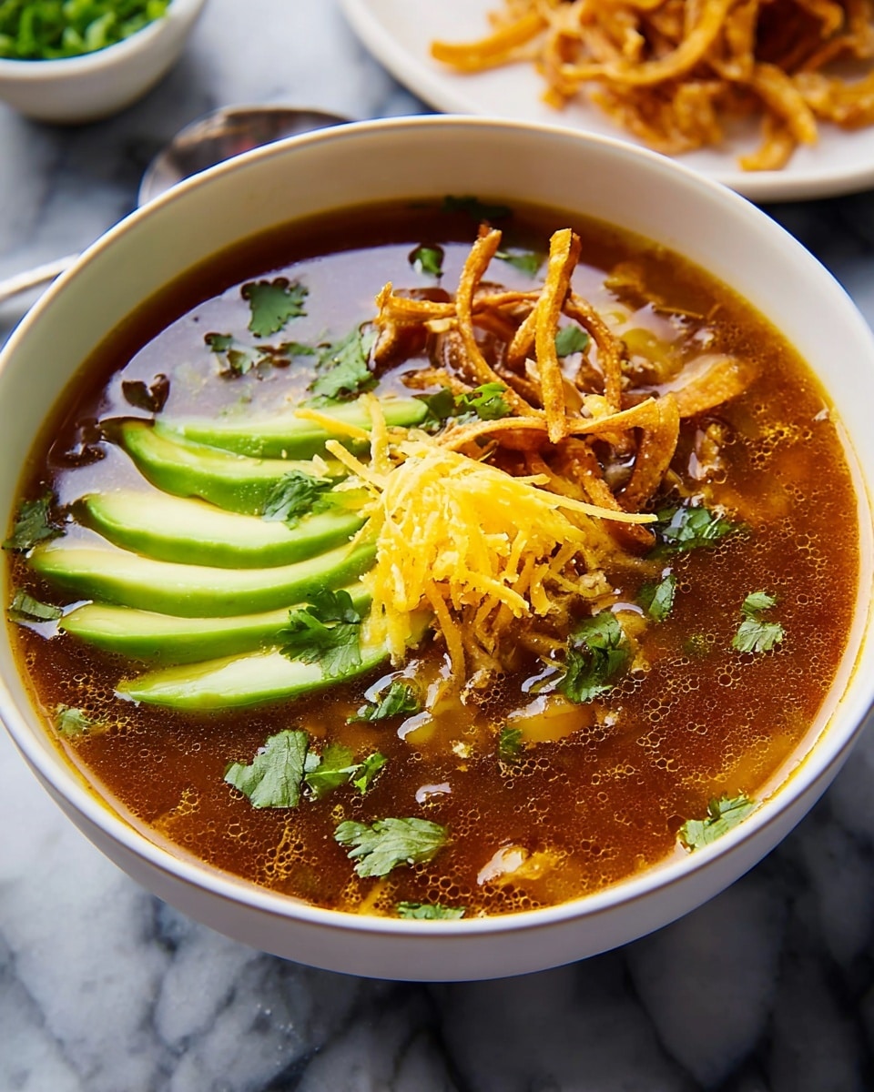 A white bowl filled with a rich brown soup that has a clear, slightly oily surface. On top, there are thin crispy brown strips spread mainly on one side, a small pile of shredded yellow cheese scattered over the middle, and some fresh green cilantro leaves sprinkled around. Next to the crispy strips, there are several thin slices of vibrant green avocado fanned out, resting gently on the soup. The bowl sits on a white marbled surface with another white plate partially visible in the background, holding more crispy brown strips. Photo taken with an iphone --ar 4:5 --v 7