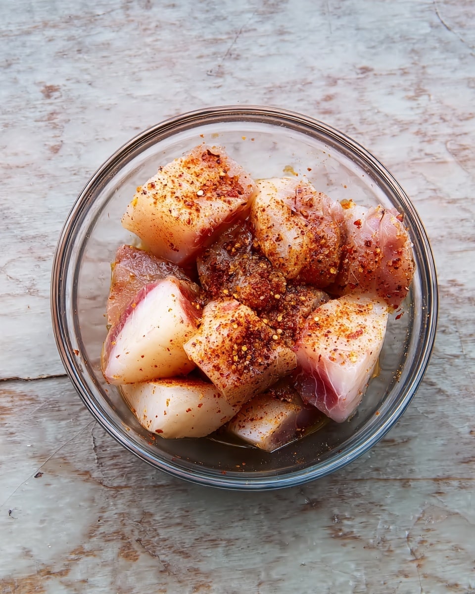 A clear glass bowl holds several pieces of raw fish, cut into medium-sized chunks with some skin still attached. The fish pieces are pale pink and white in color. Each piece is sprinkled with a reddish-brown spice mix that adds a speckled texture on the fish. The bowl sits on a surface with a white marbled texture. The photo taken with an iphone --ar 4:5 --v 7