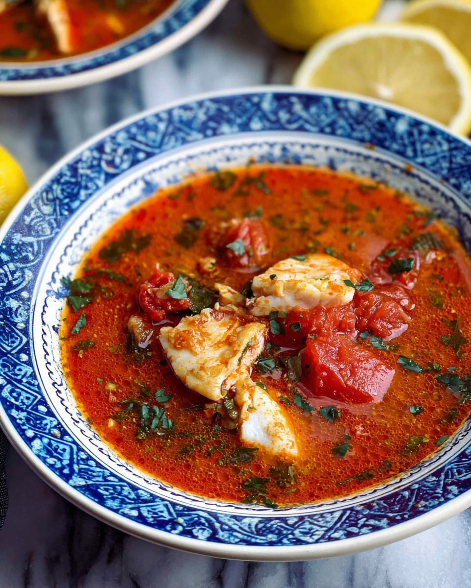 A round black pot with a red handle holds a rich, red soup full of green herbs and chunks of light brown meat. The soup’s surface is shiny and oily with bits of chopped greens and diced vegetables floating throughout. There are light green cilantro leaves placed on top for garnish. Around the pot, a white marbled surface shows two halves of a squeezed lemon and scattered sprigs of cilantro. The scene is bright and clear with natural lighting. photo taken with an iphone --ar 4:5 --v 7