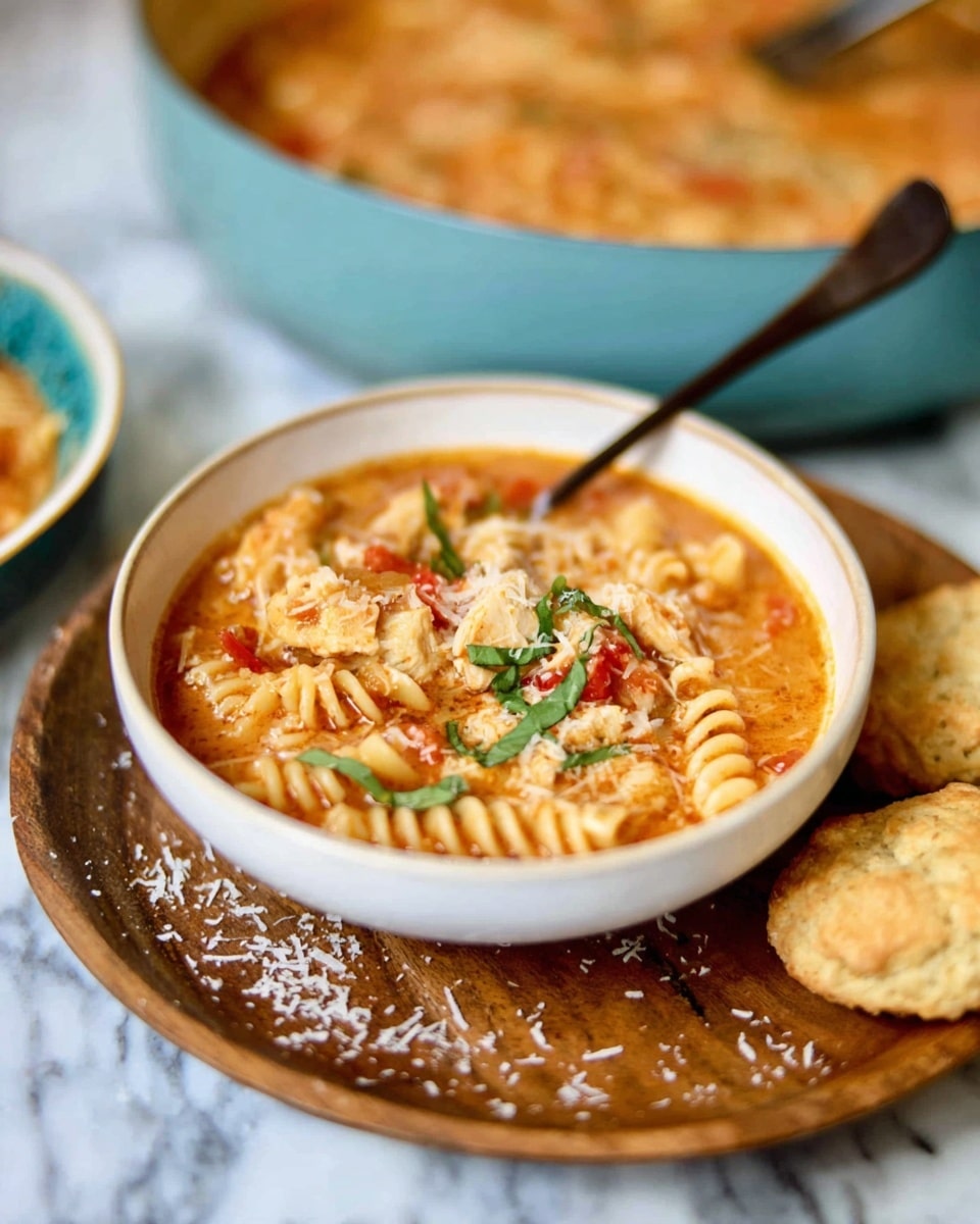 A white bowl filled with a thick soup that has orange broth, spiral pasta, small pieces of chicken, and red bell peppers, topped with small green herb leaves. The bowl sits on a round wooden plate sprinkled with some grated cheese around it. A dark spoon stands inside the bowl leaning to the right. To the right of the bowl, there is a biscuit with a golden crust on the wooden plate. In the background, a large light blue pan holds more of the soup, slightly blurred. The whole scene is set on a white marbled surface. Photo taken with an iphone --ar 4:5 --v 7