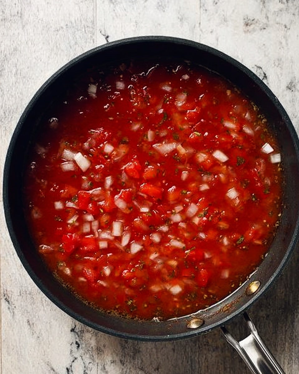 A round black pan filled with a thick red sauce that has visible chunks of white onions and small pieces of herbs scattered throughout. The sauce looks rich and simmering, with a shiny surface showing some steam or slight bubbles. The pan is placed on a white marbled textured surface, with the pan’s handle and a little of the metal side visible. photo taken with an iphone --ar 4:5 --v 7