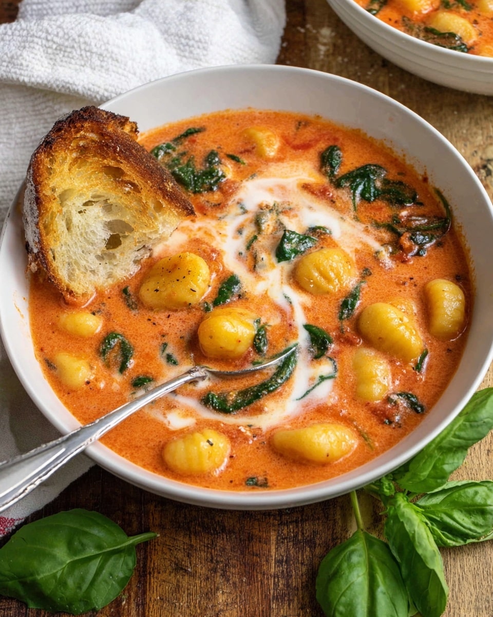 The image shows a white bowl filled with creamy orange-red tomato gnocchi soup with visible pieces of gnocchi that are small and yellow with ridges. There are green spinach leaves scattered in the soup, and a swirl of white cream on top blends softly into the soup. A toasted slice of crusty bread with a golden-brown edge is partially dipped into the soup, resting on the side of the bowl. A silver spoon is placed in the bowl with its handle leaning out. The bowl is set on a wooden surface with a green basil leaf near it and a white cloth in the background. Photo taken with an iphone --ar 4:5 --v 7