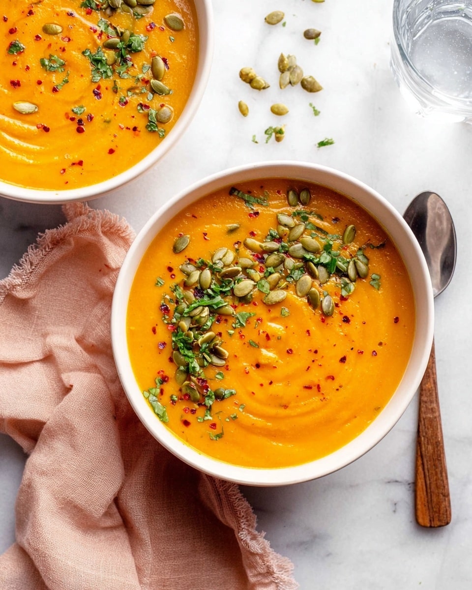 Two white bowls filled with smooth orange soup that swirls gently on the surface. The soup is topped with scattered green pumpkin seeds, small bits of chopped green herbs, and a light sprinkle of red chili flakes. The bowls sit on a white marbled surface with a ruffled light pink cloth nearby and a wood cutting board tucked in the corner. A few pumpkin seeds are spread around the bowls and a clear glass of water is partially visible. Photo taken with an iphone --ar 4:5 --v 7