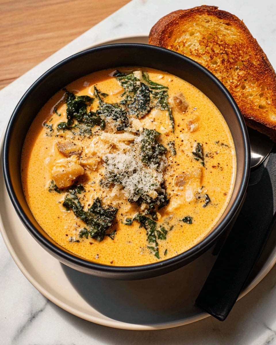 A black bowl filled with a creamy, orange-colored soup sits on a white plate with a white marbled surface underneath. The soup contains two main layers: a thick, smooth orange broth forming the base, and scattered pieces of dark green leafy vegetables and small chunks of light tan meat or tofu throughout the liquid. The surface of the soup is sprinkled with finely grated light beige cheese and a fine dusting of black pepper. On the right side of the plate, there is a piece of golden brown toasted bread with a crunchy texture. Photo taken with an iphone --ar 4:5 --v 7
