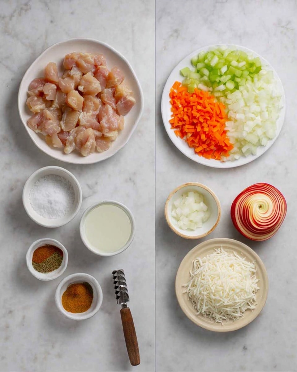 The image shows various ingredients neatly arranged on a white marbled surface. On the left side, there is a round white plate filled with evenly sized pieces of seasoned raw chicken, a white plate with three sections of finely chopped vegetables: orange carrot, white onion, and green celery, and a small white bowl holding four different brown to orange spices. Below these is a small white bowl holding salt and a wooden-handled measuring spoon. On the right side, there is a white plate with shredded white cheese, a small white bowl of white liquid, a white bowl filled with plain white rice, and a beige plate with a neatly peeled red apple and its peel arranged in a spiral. The composition is clear and organized, with all ingredients distinct and easy to see. photo taken with an iphone --ar 4:5 --v 7