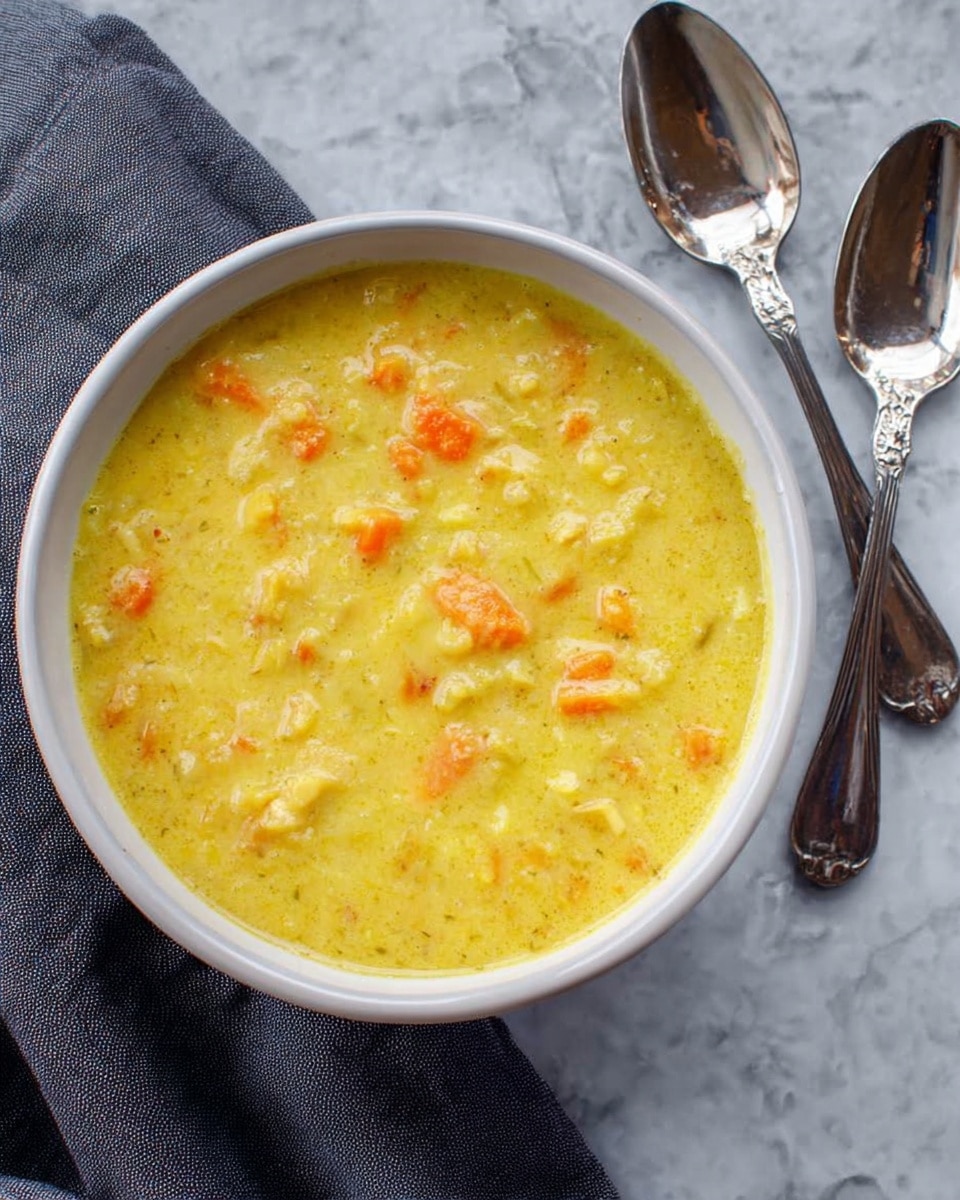 A white bowl filled with a thick, creamy yellow soup containing small chunks of orange carrots and bits of light-colored vegetables or meat. The soup has a smooth texture with some small uneven pieces visible throughout. The bowl sits on a white marbled surface next to a dark gray cloth. Two shiny silver spoons with ornate handles rest nearby. Photo taken with an iphone --ar 4:5 --v 7