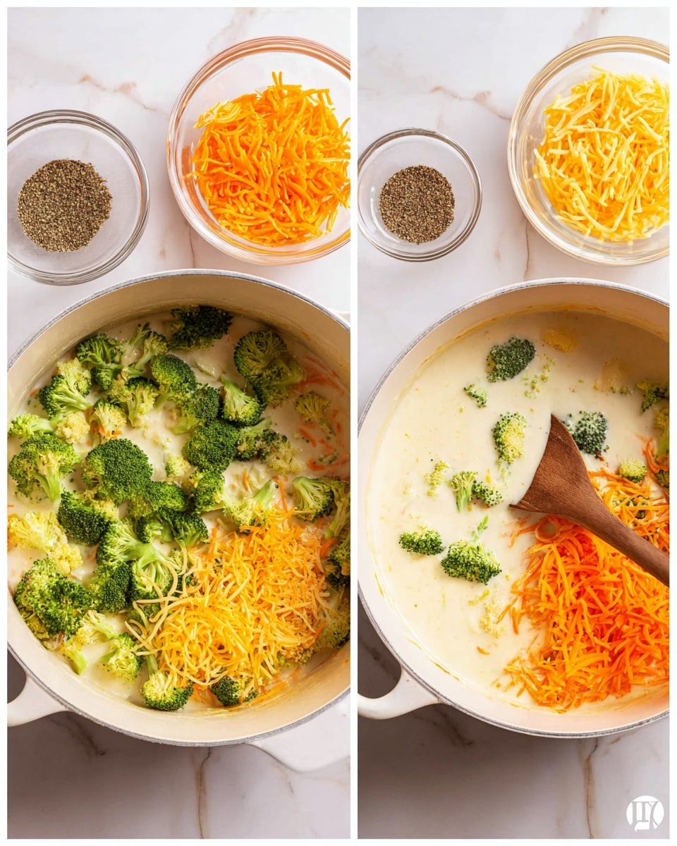 A white bowl filled with thick, creamy yellow soup that has visible pieces of bright green broccoli spread throughout. The soup’s texture looks smooth and rich, with small chunks of broccoli and cheese mixed in. A silver spoon is partially dipped into the soup on the right side of the bowl. Surrounding the bowl are pieces of torn bread with a golden-brown crust and soft interiors. The background and surface show a white marbled texture. Photo taken with an iphone --ar 4:5 --v 7