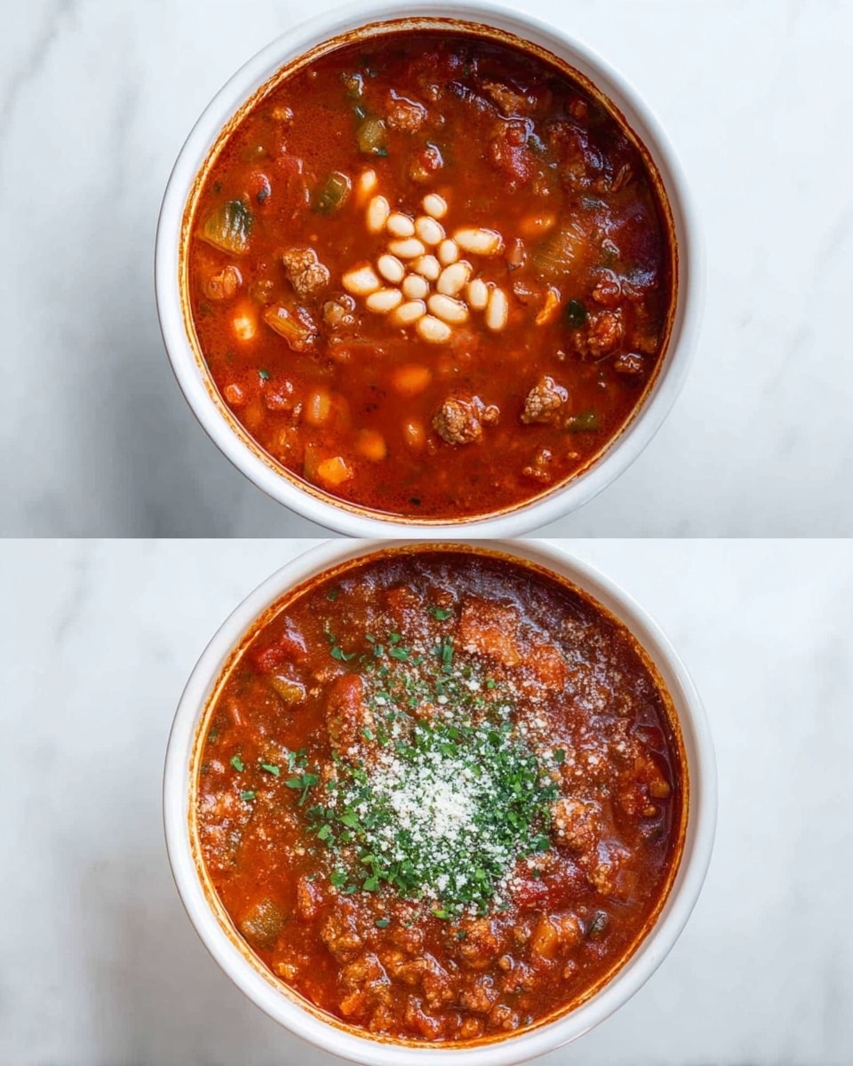 Two white bowls sit on a white marbled surface, filled with a thick, rich red stew with visible small pieces of meat and vegetables. In the first bowl, a small pile of white beans rests neatly in the center on top of the stew, while the second bowl has a sprinkle of green herbs and a light dusting of white powder, likely cheese, in the middle. The textures show a smooth but chunky sauce with bits throughout, and the bowls are viewed from above. photo taken with an iphone --ar 4:5 --v 7