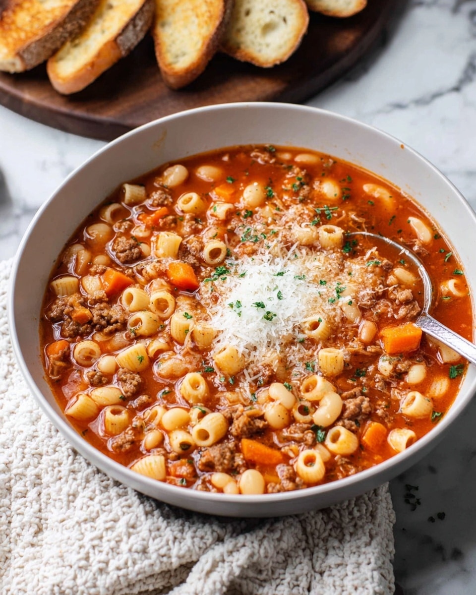 A deep white bowl filled with a thick soup showing many layers of small tube pasta in light beige, soft orange carrot cubes, small brown ground meat pieces, and small white beans all mixed well in a rich red tomato broth. On top in the center is a small pile of grated white cheese and sprinkled green herb pieces. A silver spoon is dipping on the right side of the bowl. In the background on the left, there are slices of toasted bread on a round wooden board placed on a white marbled surface, with a white knitted cloth under the bowl. Photo taken with an iphone --ar 4:5 --v 7