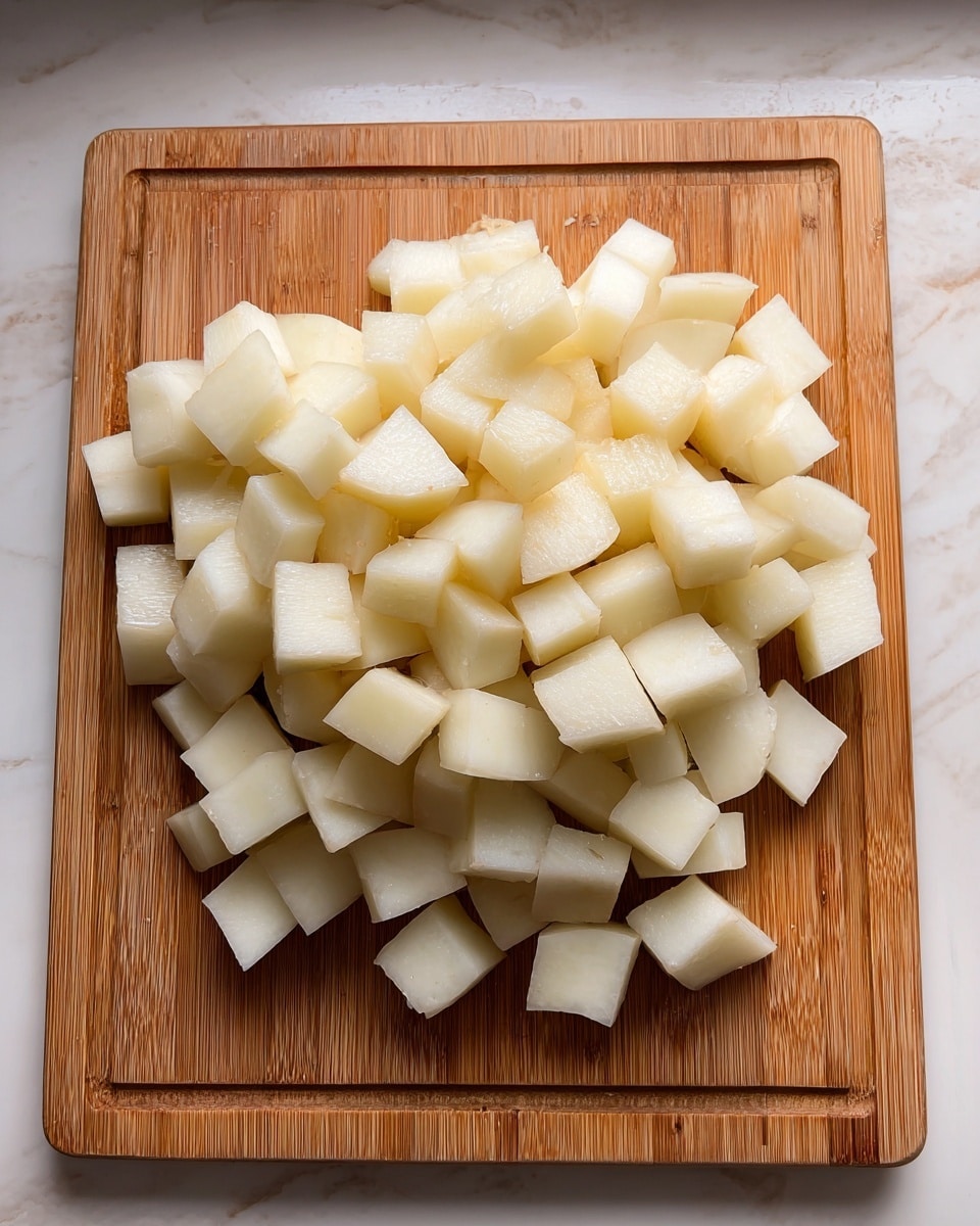 The image shows a white marbled surface with a wooden cutting board placed on it. On the cutting board, there is a large pile of evenly cut, small white potato cubes. The potato pieces are fresh and have a smooth texture with slight shine from moisture. There are no other objects or layers visible in the image. photo taken with an iphone --ar 4:5 --v 7