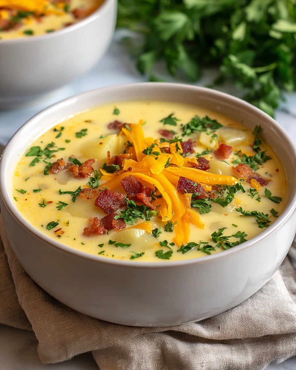 A large white pot filled with creamy light yellow soup, visible chunky potato pieces scattered throughout, small bits of crispy dark brown bacon spread evenly, and sprinkled finely chopped green herbs and chives on top, with a small pile of shredded orange cheese in the center, all on a white marbled surface. photo taken with an iphone --ar 4:5 --v 7