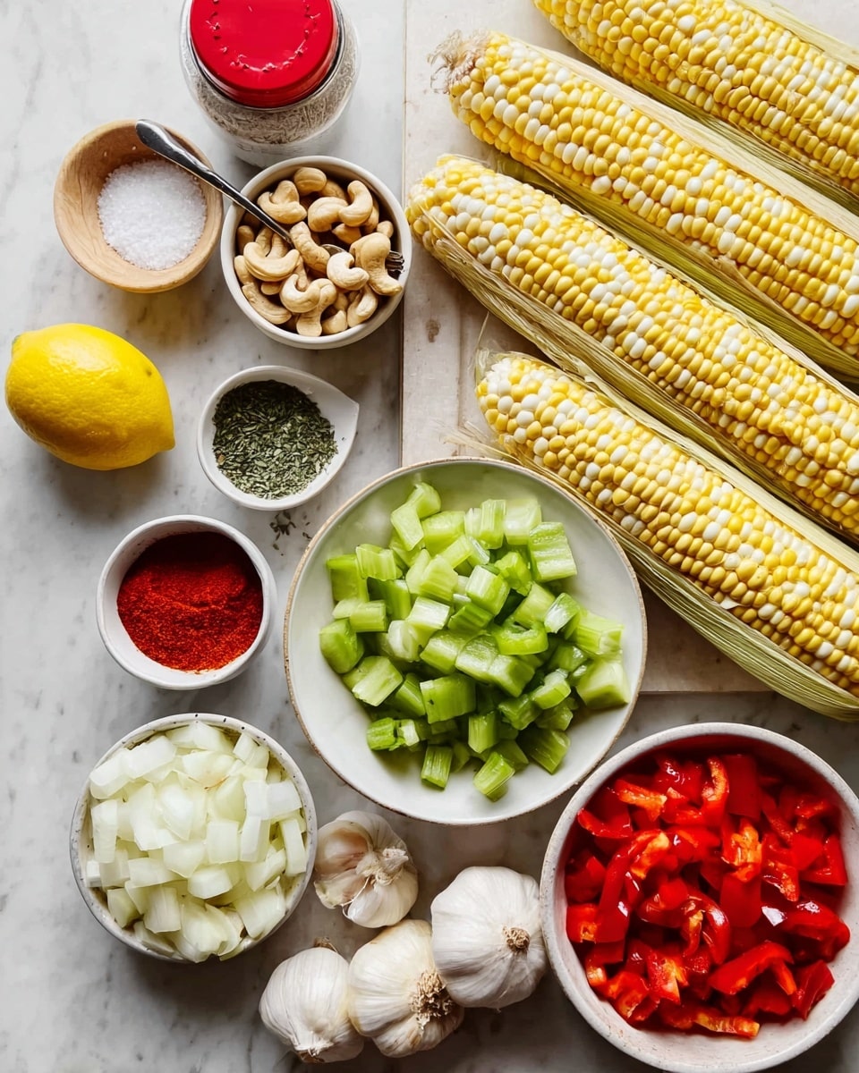 The image shows a white marbled surface filled with fresh cooking ingredients arranged neatly. There are six ears of yellow and white corn placed horizontally near the top right side. Below them, a white bowl on the right holds chopped celery and red bell pepper pieces, both bright and fresh. Close to the bottom right, several garlic cloves lie in a small white bowl. To the left, a small white bowl holds bright red paprika powder, sitting next to a tiny bowl of dried green herbs. Above these, there is a white plate filled with light brown cashew nuts and a small white bowl with a spoonful of salt on it. At the bottom left is a white bowl filled with chopped white onions. A lemon sits near the cashews, and a red-lidded seasoning container is near the top left on the white marbled surface. Photo taken with an iphone --ar 4:5 --v 7
