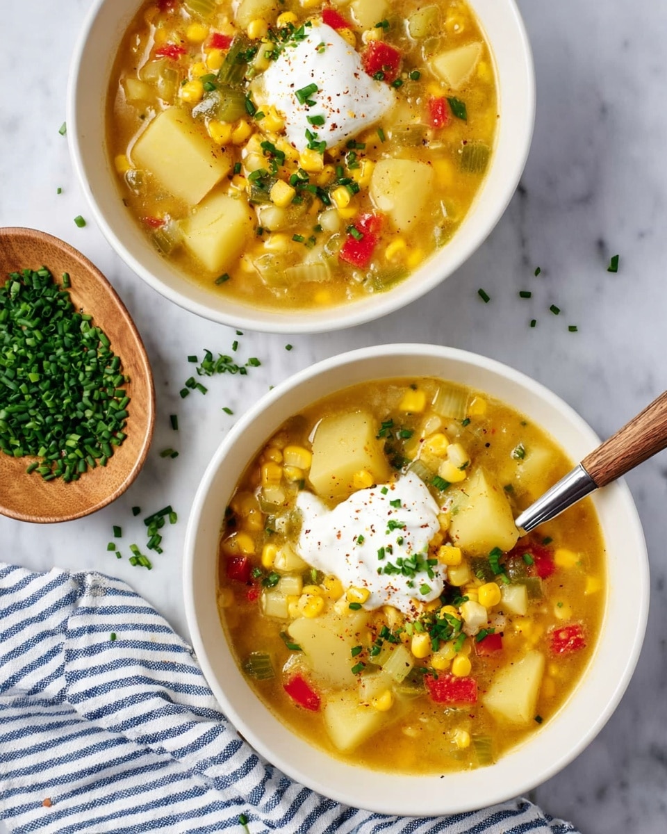 The image shows three bowls of thick vegetable soup placed on a white marbled surface. Each bowl is white and filled with a chunky soup consisting of yellow potatoes, yellow corn, small pieces of celery, and bits of red pepper in a creamy orange broth. Two of the bowls are topped with a dollop of white sour cream sprinkled with chopped green chives, while the third bowl has no sour cream but a spoon resting inside. A wooden bowl filled with chopped chives is near the bottom left, and a white bowl with more sour cream sits on the top left. A silver spoon rests on the top right alongside a white cloth with blue stripes. photo taken with an iphone --ar 4:5 --v 7