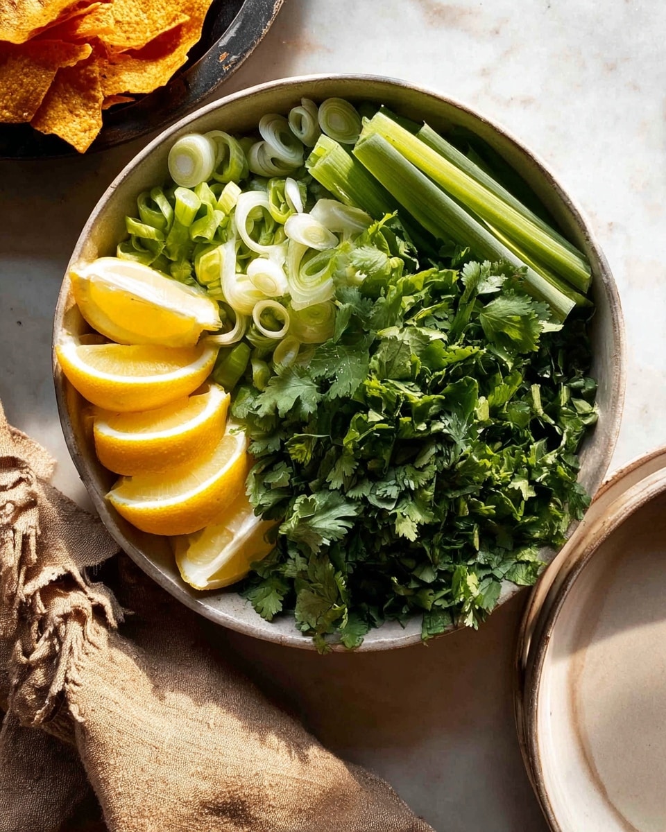 The image shows a round bowl filled with fresh green herbs and vegetables placed on a white marbled surface. Inside the bowl, on the left side, there are bright yellow lemon wedges stacked neatly. Next to the lemon wedges, there is a layer of sliced green onions, showing a mix of light green and white colors with a slightly curved shape. Most of the bowl is covered with fresh chopped cilantro, displaying a rich green color and a leafy texture. The bowl is light-colored and sits next to a white plate on the right edge of the image, with some brownish-beige fabric napkins lying beneath it. A few orange-colored chips are partially visible on the left side. photo taken with an iphone --ar 4:5 --v 7