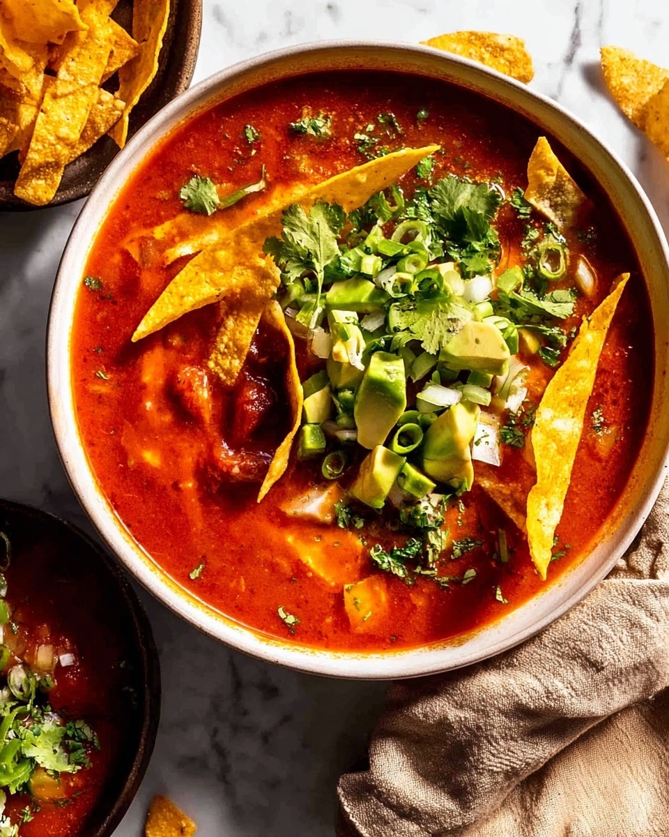 A white bowl filled with a red soup that has a rich and slightly thick texture. Inside the soup, there are visible shreds of meat. On top of the soup, there is a layer of melted cheddar cheese in light orange color, and dollops of white sour cream. Bright green slices of avocado chunks and chopped green onions sit on the cheese and sour cream, adding fresh colors. Two large yellow tortilla chips rest halfway inside the soup on the bowl’s edges. In the background, there are more yellow tortilla chips scattered on a dark surface, and a beige cloth napkin is placed near the bowl. The entire scene is set on a white marbled texture. photo taken with an iphone --ar 4:5 --v 7
