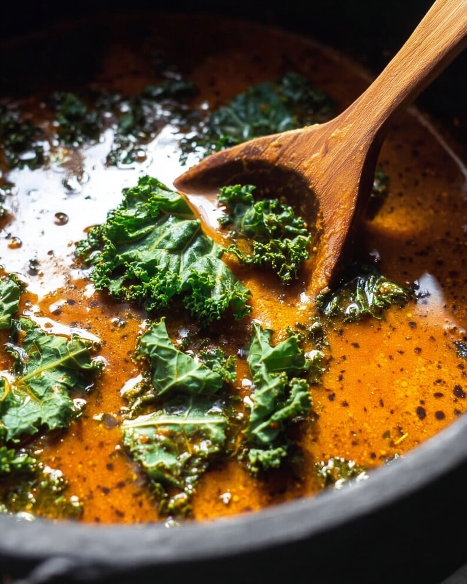 This image shows a close-up of a dark pot filled with a rich, orange-brown soup base that looks oily and speckled with spices. Floating on top are fresh, curly dark green kale leaves, some partially submerged and others sitting on the surface. A wooden spoon rests in the pot, partially covered by the soup, adding a natural texture and color contrast. The background is a white marbled texture. The lighting highlights the glossy surface of the soup and the rough texture of the kale leaves clearly. photo taken with an iphone --ar 4:5 --v 7