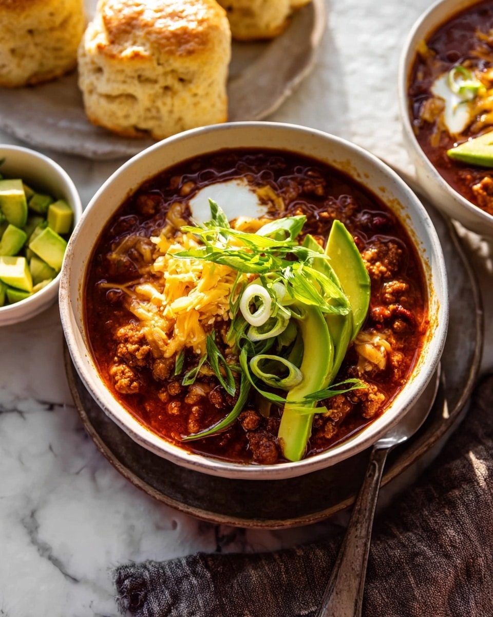 A bowl of thick chili with visible ground meat and beans has a rich dark red color as the first layer inside a white bowl. The second layer is shredded orange-yellow cheese sprinkled over the chili. On top, slices of green avocado and light green thinly sliced green onions form the third layer, adding fresh color and texture. Small spots of white sour cream peek through the chili. To the left of the bowl are torn biscuits with a dollop of butter melting on one piece. In the background, a white cup filled with diced avocado cubes adds more green accent. Everything rests on a white marbled textured surface. Photo taken with an iphone --ar 4:5 --v 7