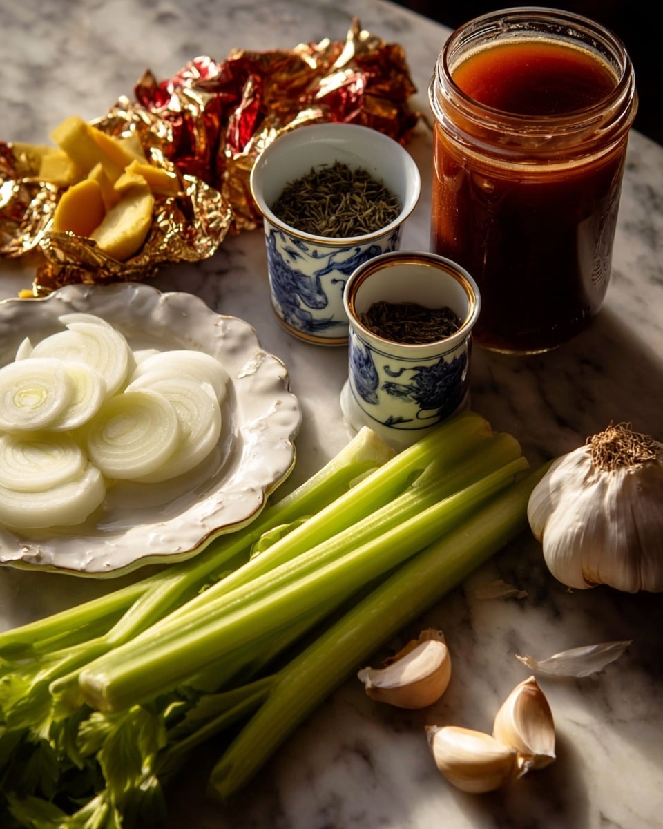 The image shows several fresh ingredients laid out on a white marbled surface. In the foreground, there are bright green celery stalks, next to a bulb of garlic with several cloves separated. To the left, thin white onion slices rest on a white scalloped plate. Toward the back, a tall glass jar is filled with dark reddish-brown sauce. Near it, there are two small white cups with blue floral patterns, one filled with dried herbs. Behind everything, there is a shiny and crumpled gold and red foil wrapper with some yellow pieces nearby. The lighting is warm and highlights the textures and colors clearly. Photo taken with an iphone --ar 4:5 --v 7