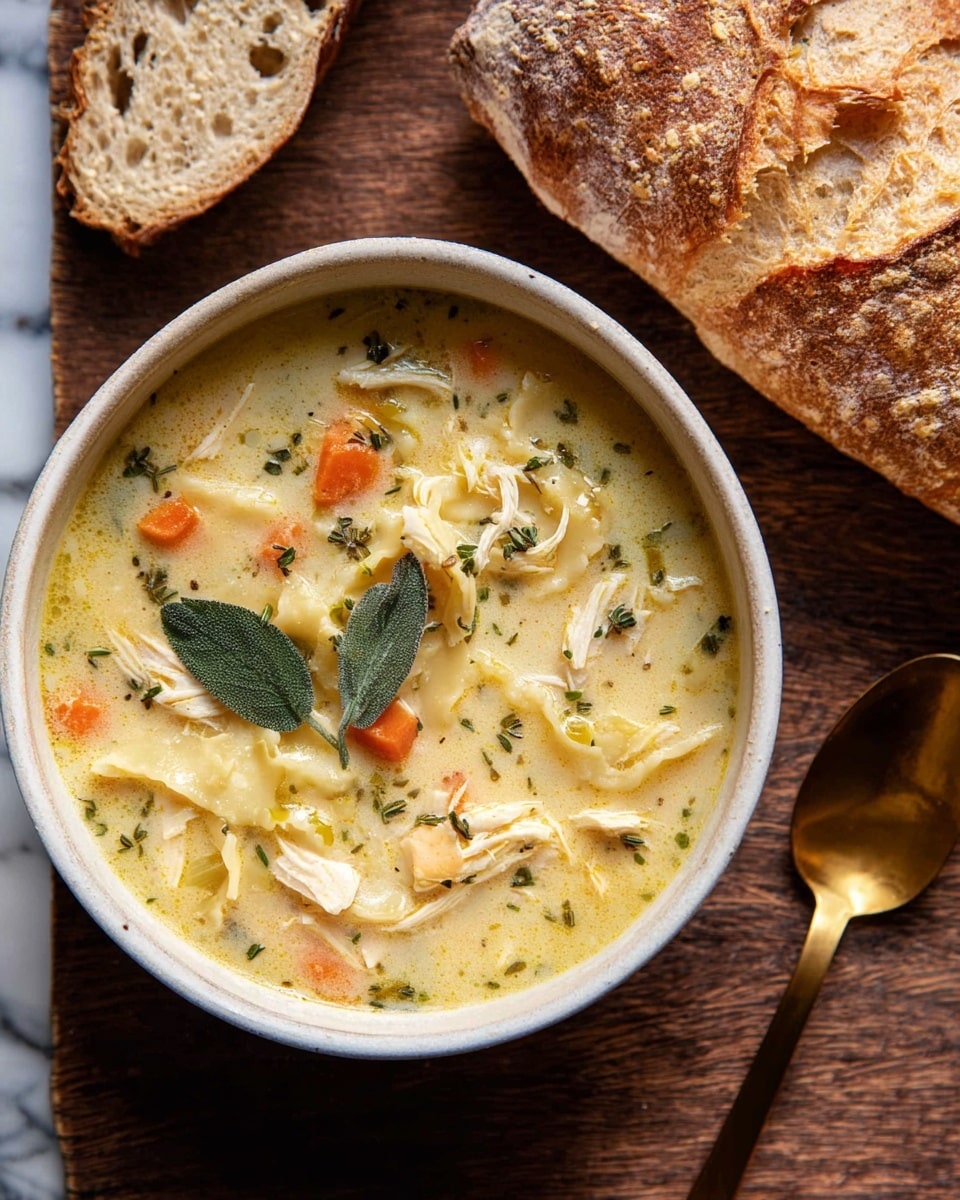 A white bowl filled with creamy soup that has a slightly yellow color, containing small pieces of pasta, orange carrot slices, shredded white meat, and specks of green herbs. Three fresh green sage leaves sit on top as garnish. To the right of the bowl, there is a piece of crusty bread with a light brown, rustic crust. A shiny golden spoon lies next to the bread on a dark wooden surface, all placed on a white marbled texture. Photo taken with an iphone --ar 4:5 --v 7