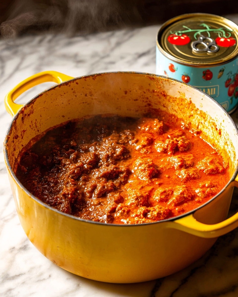 A large yellow pot filled with two types of thick steaming sauces side by side inside; the left side is a dark brown sauce with a chunky, slightly wet texture, and the right side is a bright red-orange sauce with small pieces of meat, looking rich and creamy. The pot sits on a white marbled surface, and in the background, there is an open tin can with a light blue label and red tomatoes pictured on it. Photo taken with an iphone --ar 4:5 --v 7