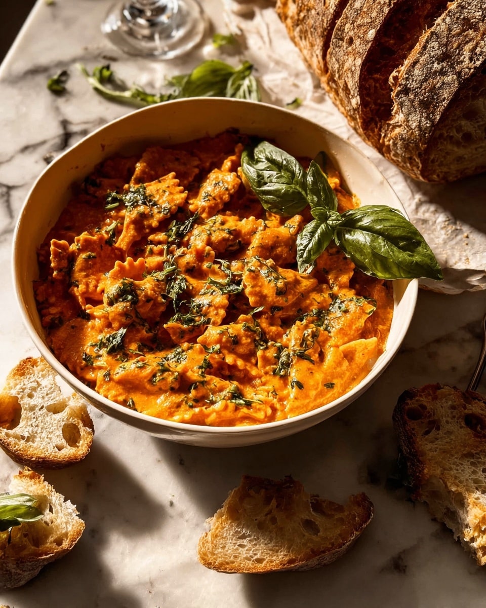 In a white bowl, there is a thick orange sauce filled with ruffled pasta pieces covered in the sauce. The pasta and sauce layer has a smooth texture with some herbs like chopped green leaves scattered on top. Larger fresh green leaves are placed as garnish on the surface, adding a fresh contrast to the warm orange color. Around the bowl on a white marbled surface are pieces of torn crusty bread with a rough golden brown crust and soft inside. The scene is warmly lit, creating gentle shadows and a cozy feeling. photo taken with an iphone --ar 4:5 --v 7