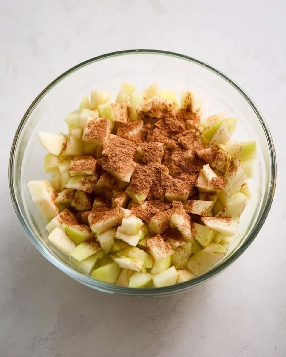 A clear glass bowl sits on a white marbled surface, filled with small, pale yellow chopped pieces of apple. On top, a light brown powder of cinnamon is evenly sprinkled, adding a contrast to the soft apple colors. The texture of the apple pieces looks crisp and fresh, while the cinnamon powder appears fine and slightly scattered. The bowl is simple and clean, showing the fresh ingredients inside clearly. photo taken with an iphone --ar 4:5 --v 7