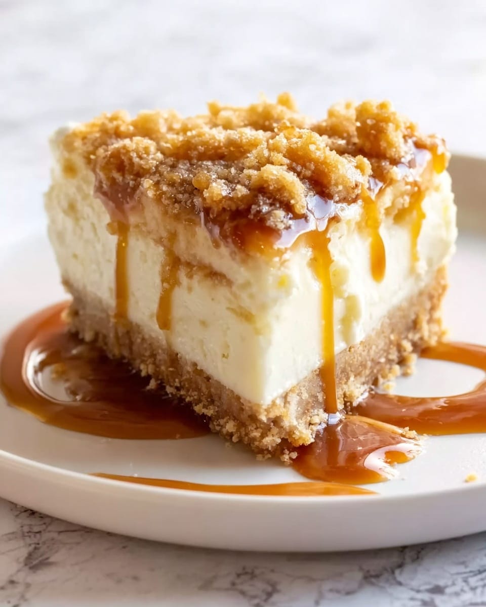 A single piece of cheesecake is shown on a white round plate, placed on a white marbled surface. The cheesecake has three layers: a light golden-brown crumbly base, a thick creamy white middle layer, and a crumbly top layer with small golden crumbs. A shiny caramel sauce is drizzled over the top and sides of the cheesecake, with some caramel dripping down onto the plate. The texture of the creamy layer looks smooth and soft. Photo taken with an iphone --ar 4:5 --v 7