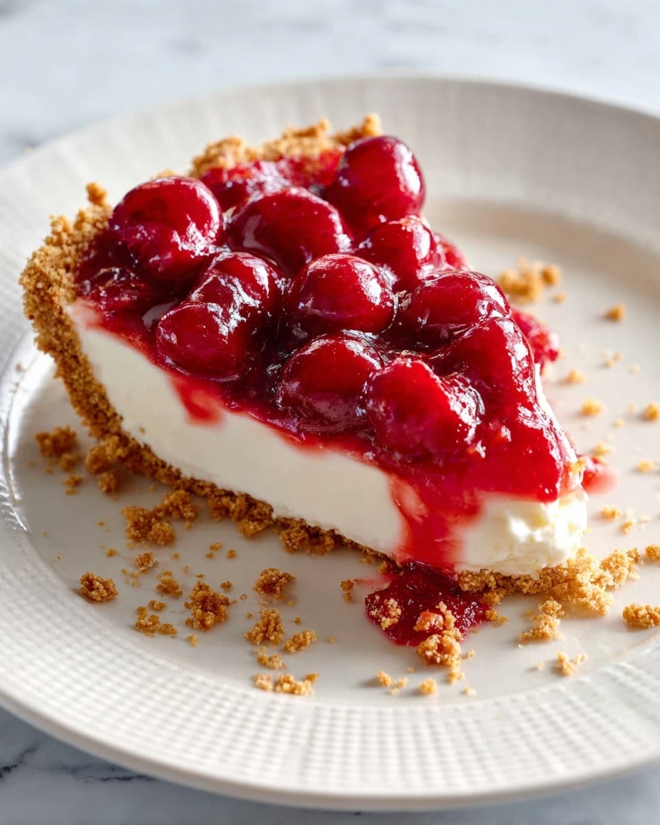 A white fluted pie dish holds a three-layer dessert. The bottom layer is a crumbly, light brown crust pressing up the sides. The middle layer is a smooth, creamy off-white filling spreading evenly inside the crust. The top layer is a glossy, bright red cherry topping, full of whole cherries in a thick syrup that almost spills over the filling below. The whole pie sits on a white marbled surface. photo taken with an iphone --ar 4:5 --v 7